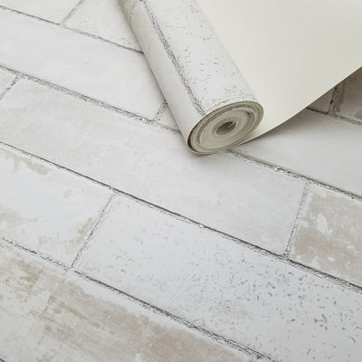 Pale Gray White-Washed Faux Brick Wallpaper