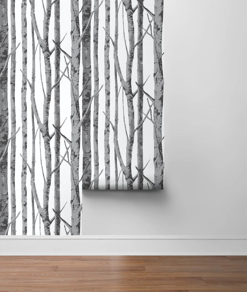 NextWall Peel and Stick Black and Gray Birch Trees Wallpaper
