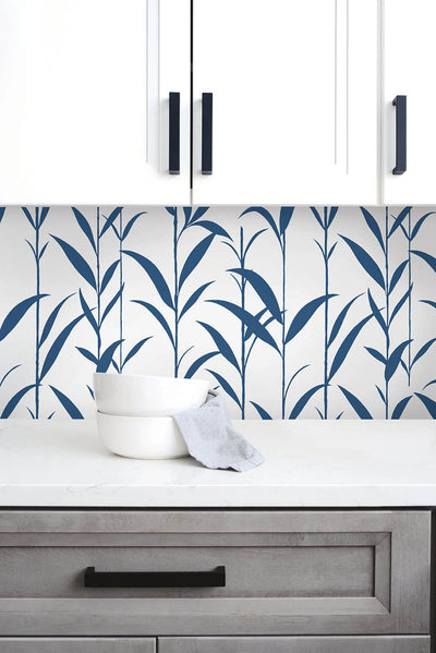 NextWall Peel and Stick Blue and White Bamboo Botanical Wallpaper
