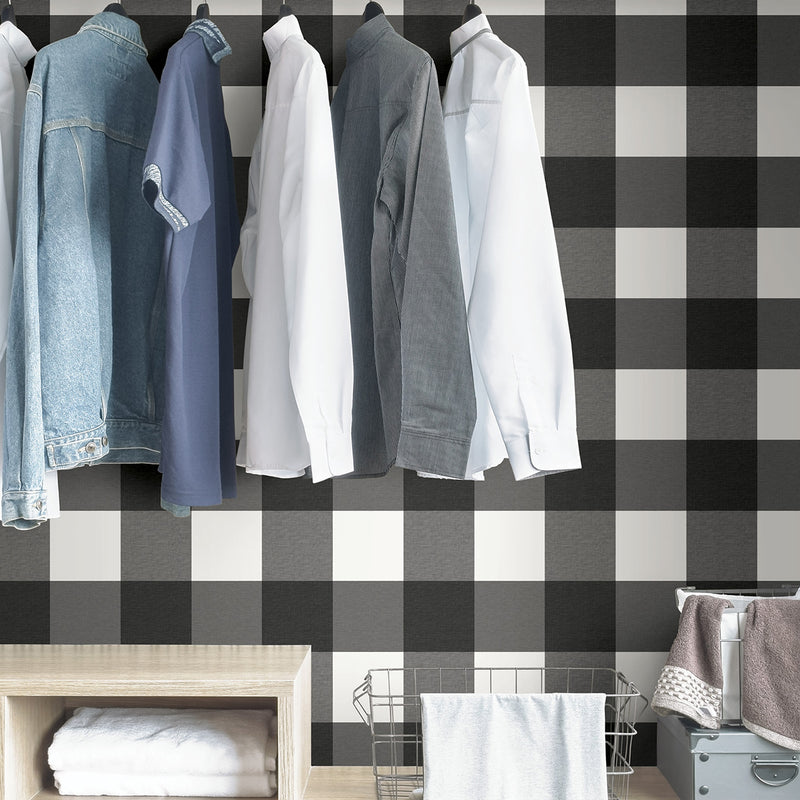 Plaid Farmhouse Black and White Peel and Stick Wallpaper
