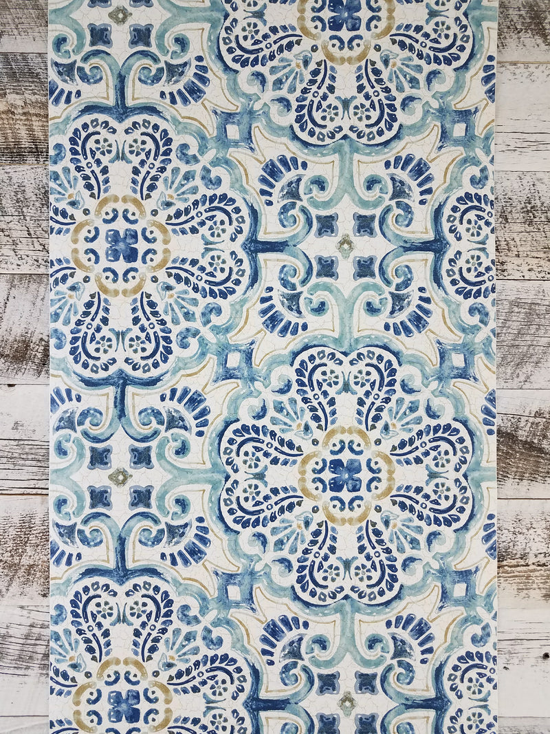 Blue Florentine Medallion Faux Tile Wallpaper
