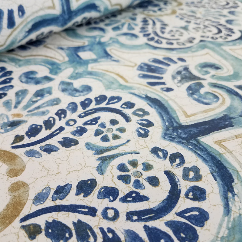 Blue Florentine Medallion Faux Tile Wallpaper