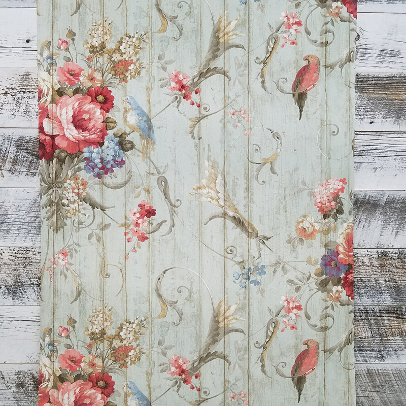 Blue Book Parrots Bird Rose French Cottage Wallpaper