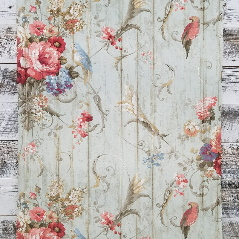 Blue Book Parrots Bird Rose French Cottage Wallpaper