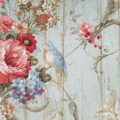 Blue Book Parrots Bird Rose French Cottage Wallpaper