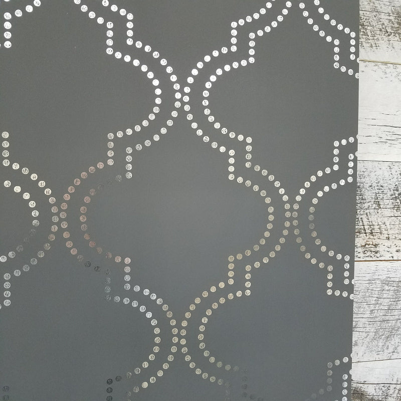 A Street Prints Tetra Charcoal and Metallic Silver Quatrefoil