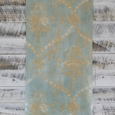 Aqua Blue Gold Weathered Damask Wallpaper