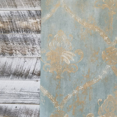 Aqua Blue Gold Weathered Damask Wallpaper