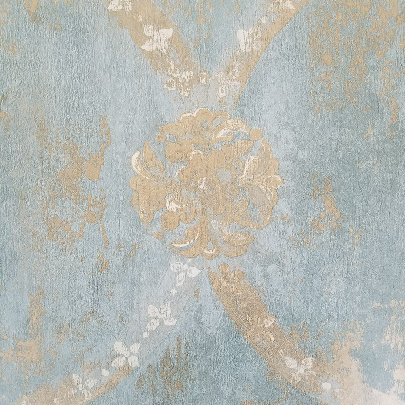 Aqua Blue Gold Weathered Damask Wallpaper