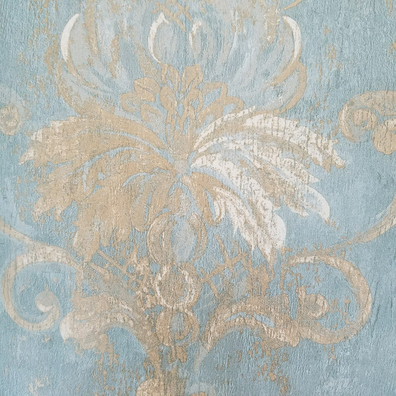 Aqua Blue Gold Weathered Damask Wallpaper