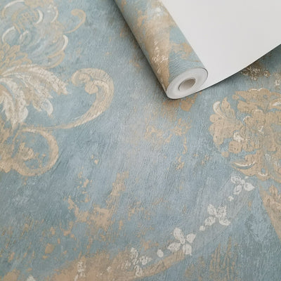 Aqua Blue Gold Weathered Damask Wallpaper