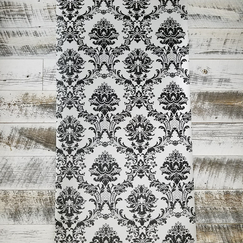 Modern Damask Black on Silver Wallpaper