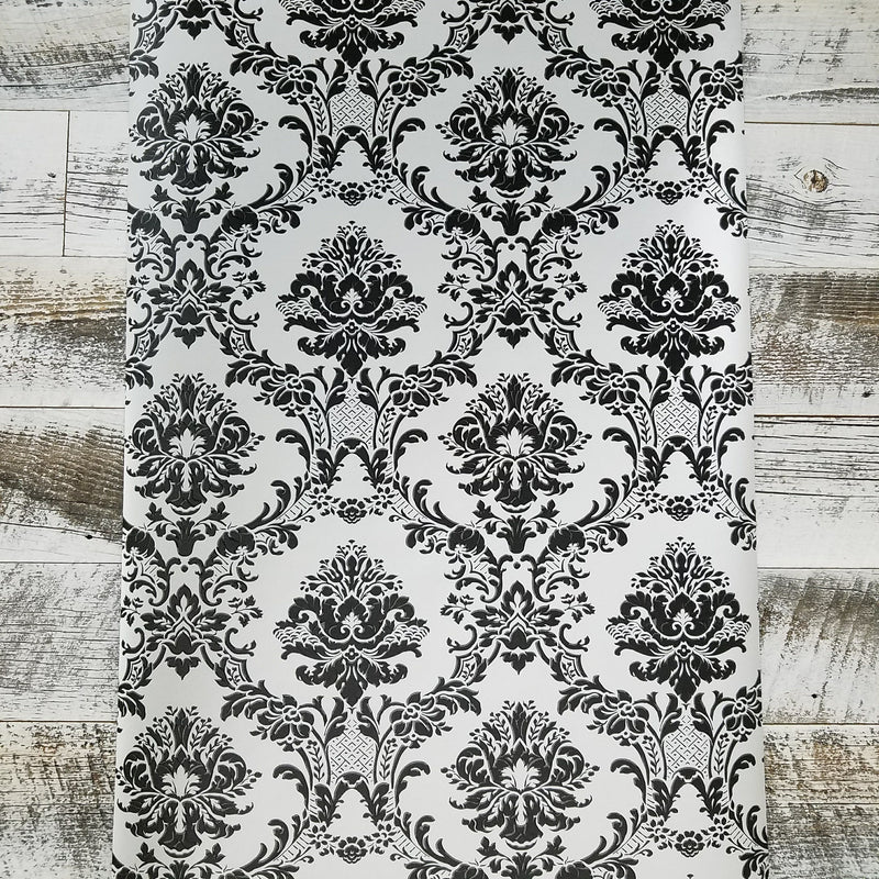 Modern Damask Black on Silver Wallpaper