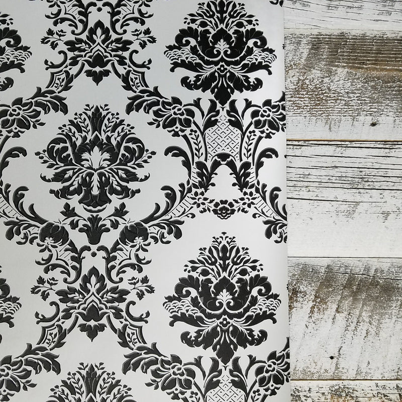 Modern Damask Black on Silver Wallpaper
