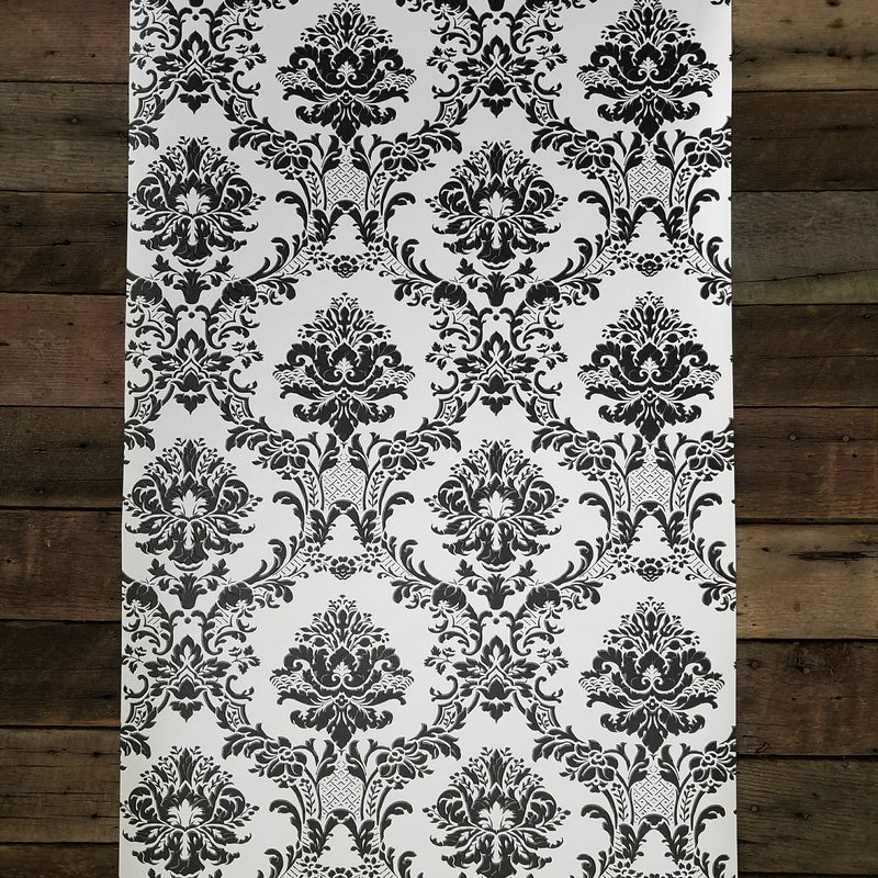 Modern Damask Black on Silver Wallpaper