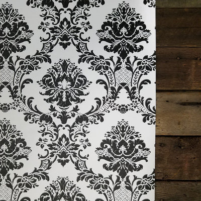 Modern Damask Black on Silver Wallpaper