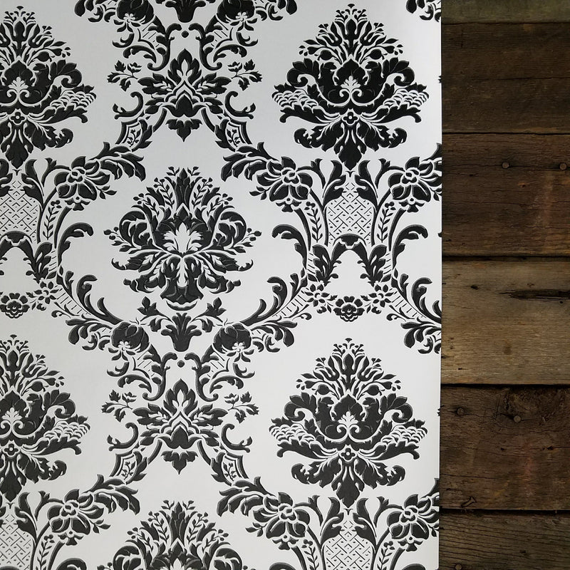 Modern Damask Black on Silver Wallpaper