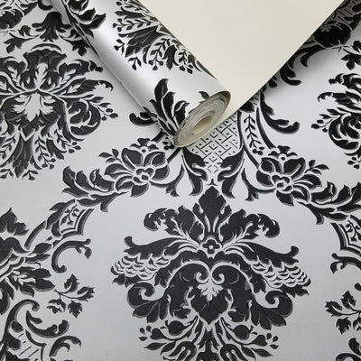 Modern Damask Black on Silver Wallpaper