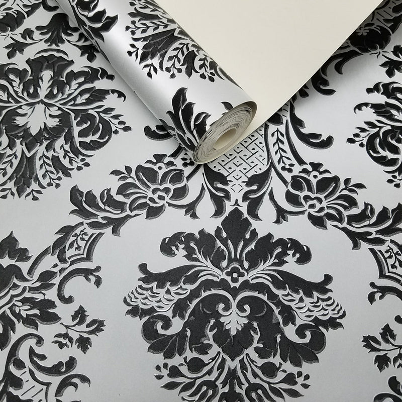 Modern Damask Black on Silver Wallpaper