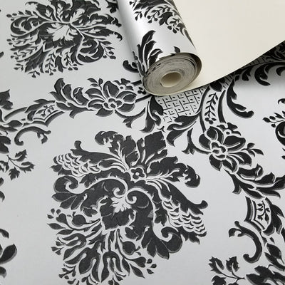 Modern Damask Black on Silver Wallpaper
