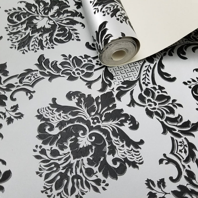 Modern Damask Black on Silver Wallpaper