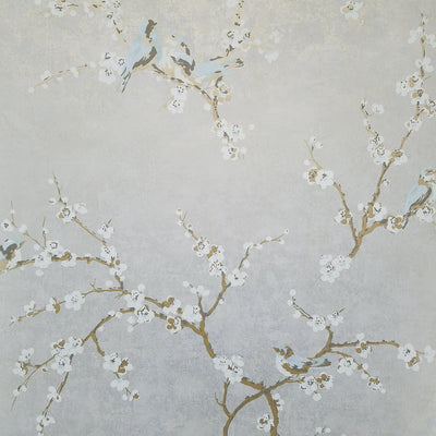 Birds and Blossoms on Silvery Gray Wallpaper