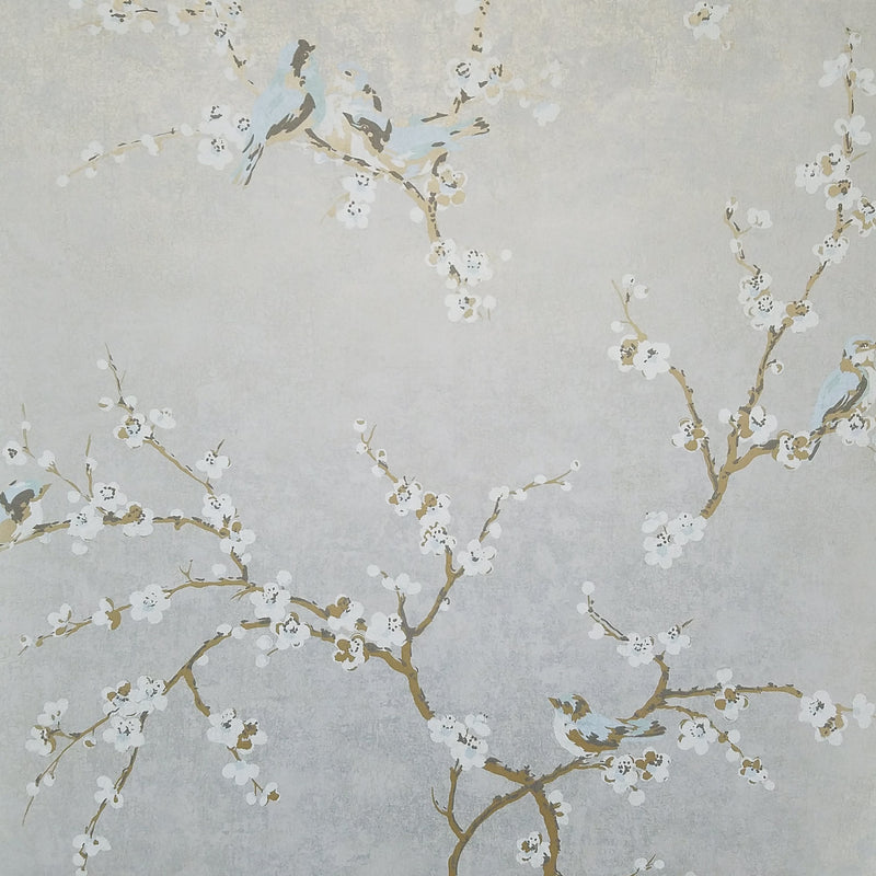 Birds and Blossoms on Silvery Gray Wallpaper