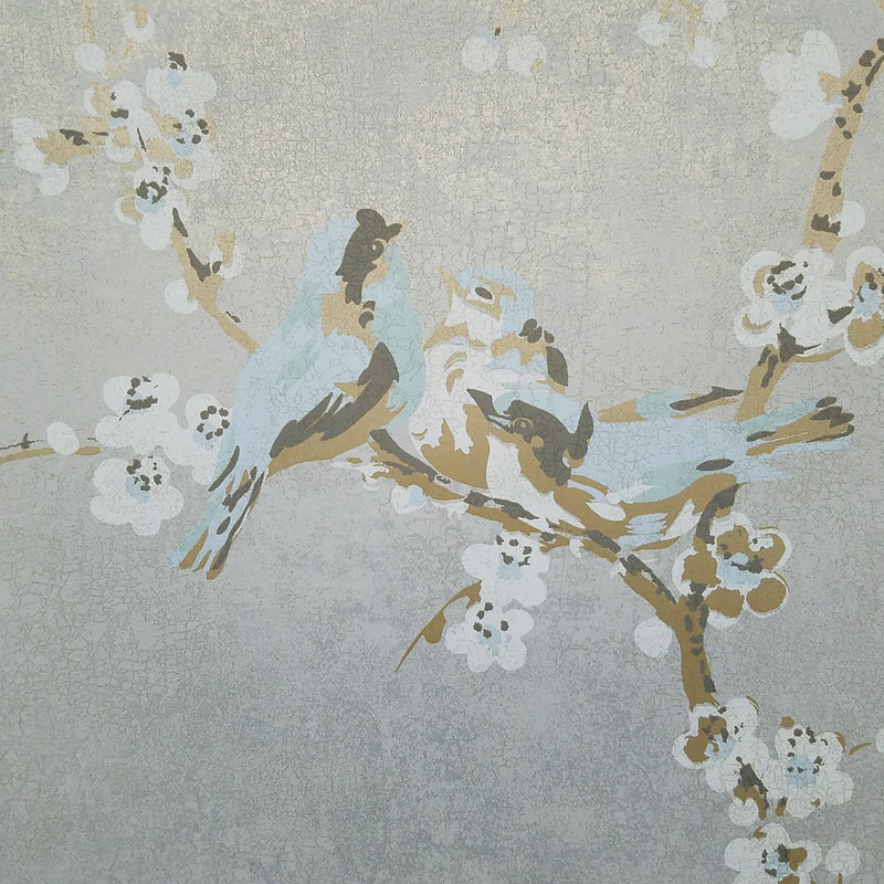 Birds and Blossoms on Silvery Gray Wallpaper