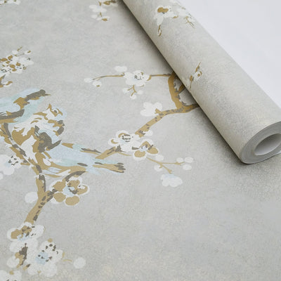 Birds and Blossoms on Silvery Gray Wallpaper