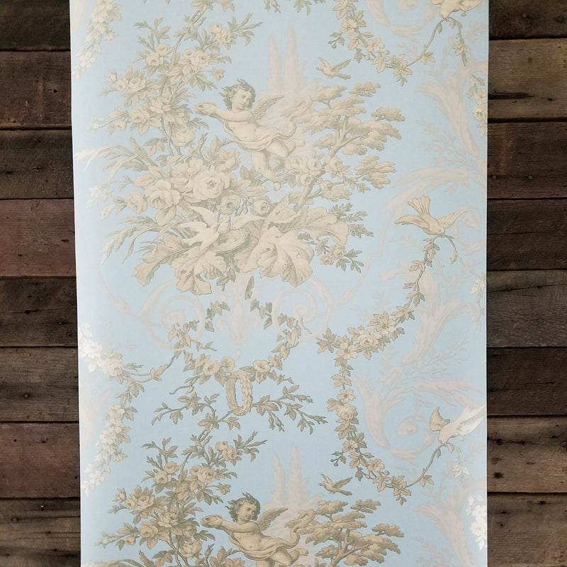 Victorian Cherub Floral in Blue & Gold Wallpaper