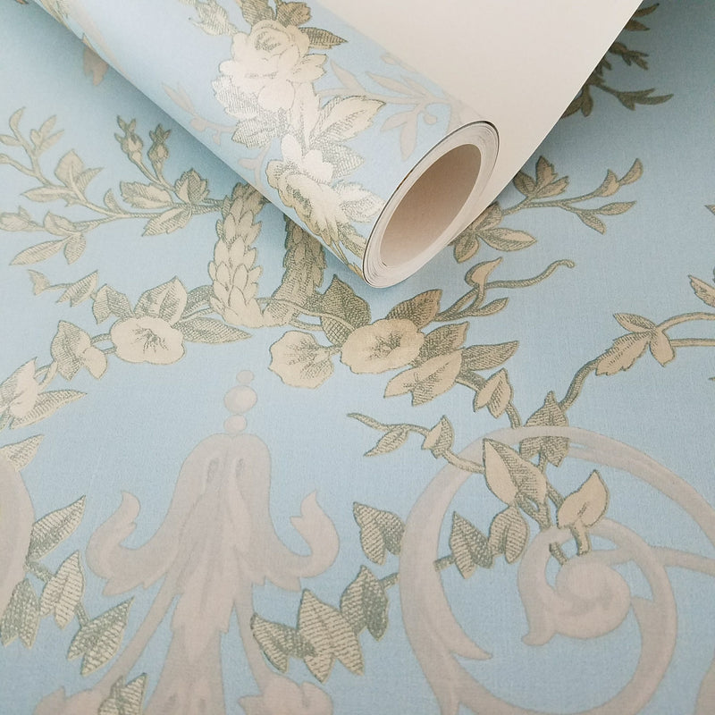 Victorian Cherub Floral in Blue & Gold Wallpaper