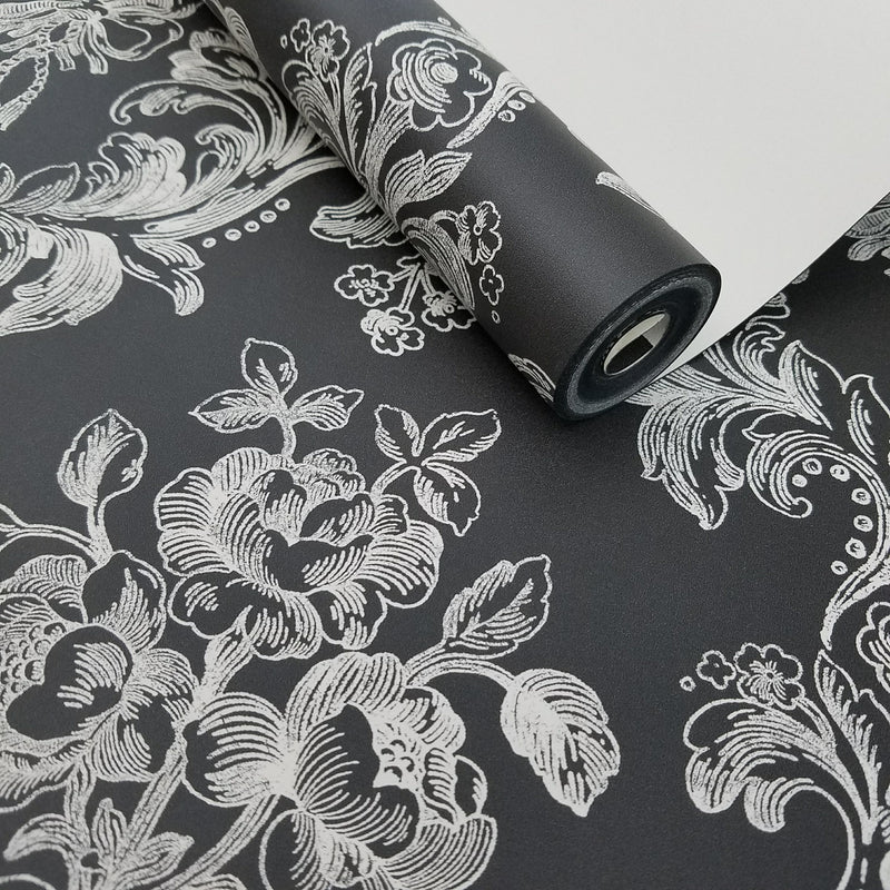 Norwall Victorian Damask in White on Black Wallpaper