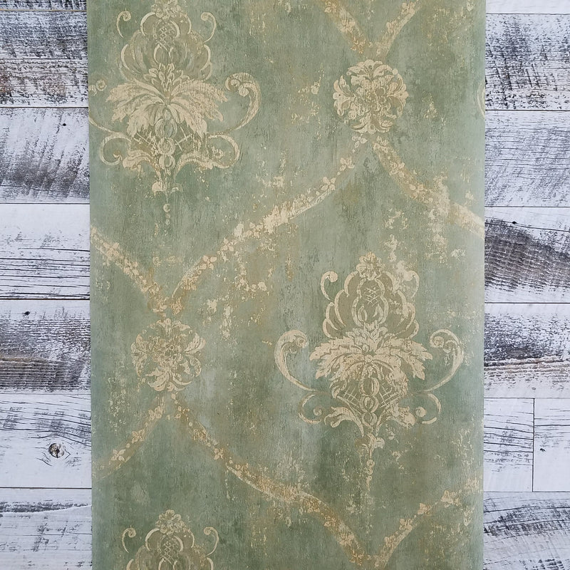 Green & Pale Tan Weathered Damask Wallpaper
