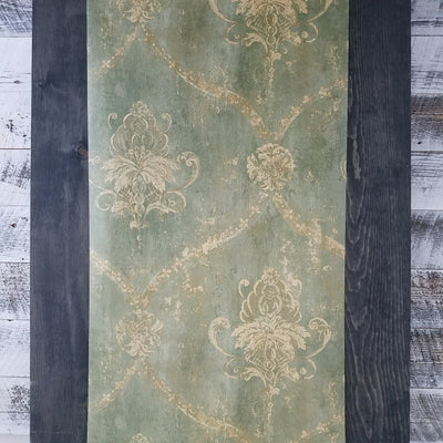 Green & Pale Tan Weathered Damask Wallpaper