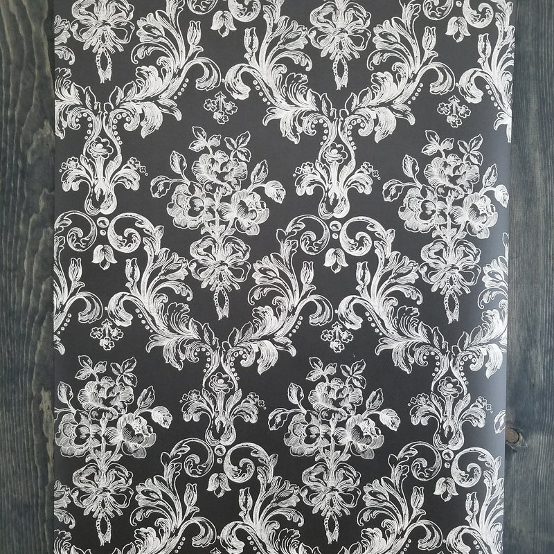 Norwall Victorian Damask in White on Black Wallpaper