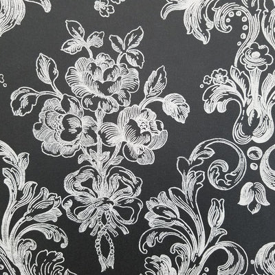 Norwall Victorian Damask in White on Black Wallpaper