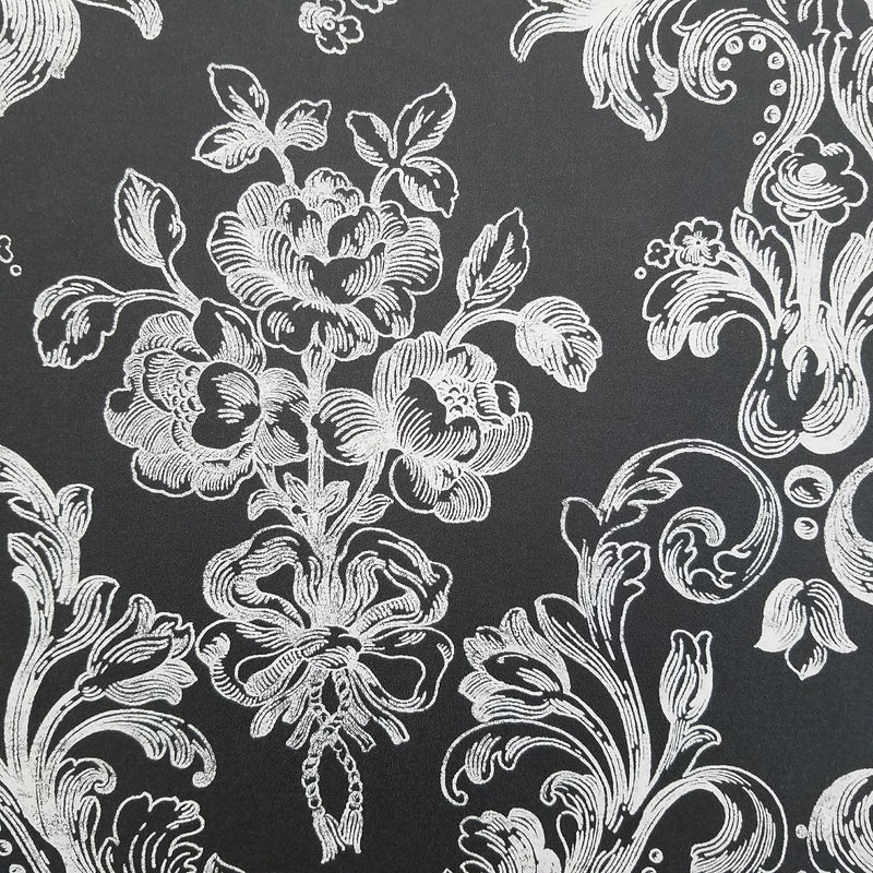 Norwall Victorian Damask in White on Black Wallpaper