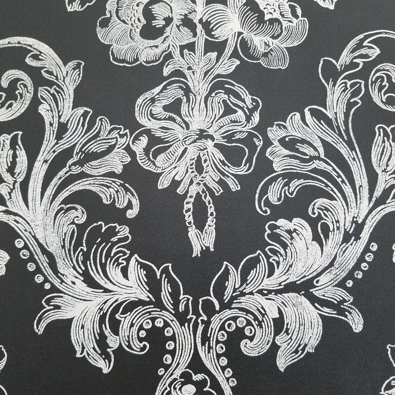 Norwall Victorian Damask in White on Black Wallpaper