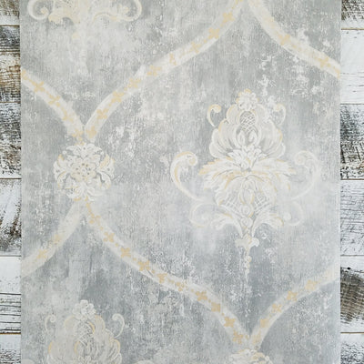 Gray Weathered Damask Wallpaper