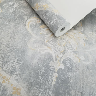 Gray Weathered Damask Wallpaper