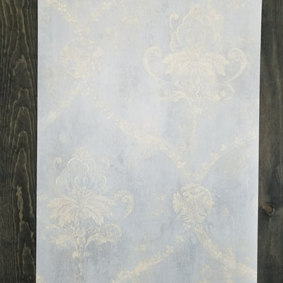 Blue & Cream Weathered Damask Wallpaper