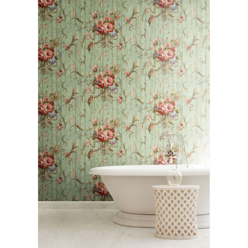 Blue Book Parrots Bird Rose French Cottage Wallpaper