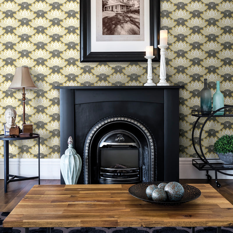 Lotus Mustard Floral Fans Wallpaper