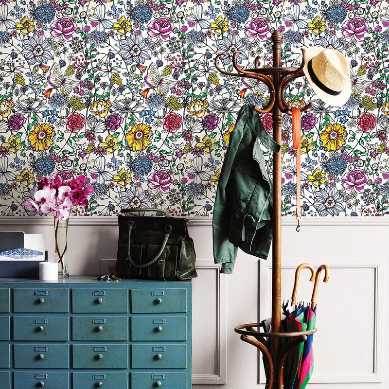Daley Multicolor Line Floral Farmhouse Wallpaper