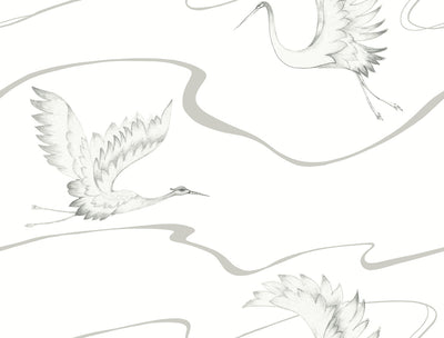 Soaring Cranes White Wallpaper