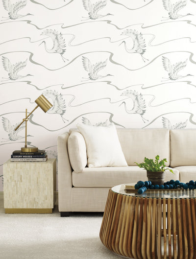 Soaring Cranes White Wallpaper
