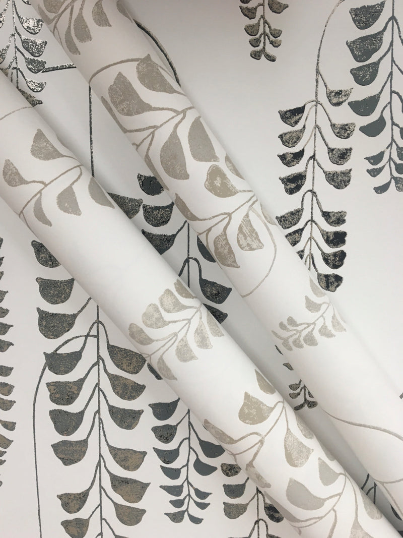 Deco Wisteria White And Grey Botanical Wallpaper