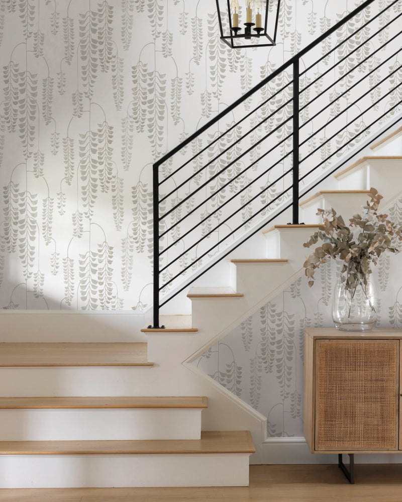 Deco Wisteria White And Grey Botanical Wallpaper