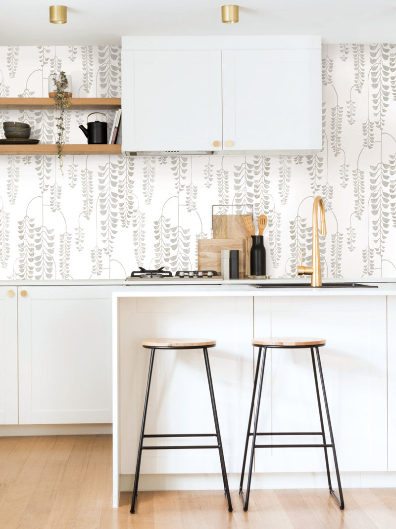 Deco Wisteria White And Grey Botanical Wallpaper