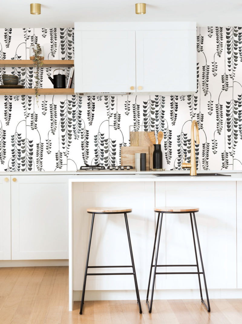 Deco Wisteria Black And White Botanical Wallpaper